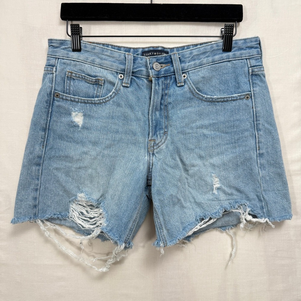 Lucky Brand Denim Shorts Womens 4/27 Light Blue Boyfriend Short Distressed Raw